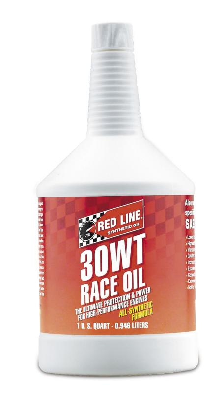 Red Line 30WT Race Oil quart bottle, high-performance motor oil for racing engines, with red labeling and engine graphics.