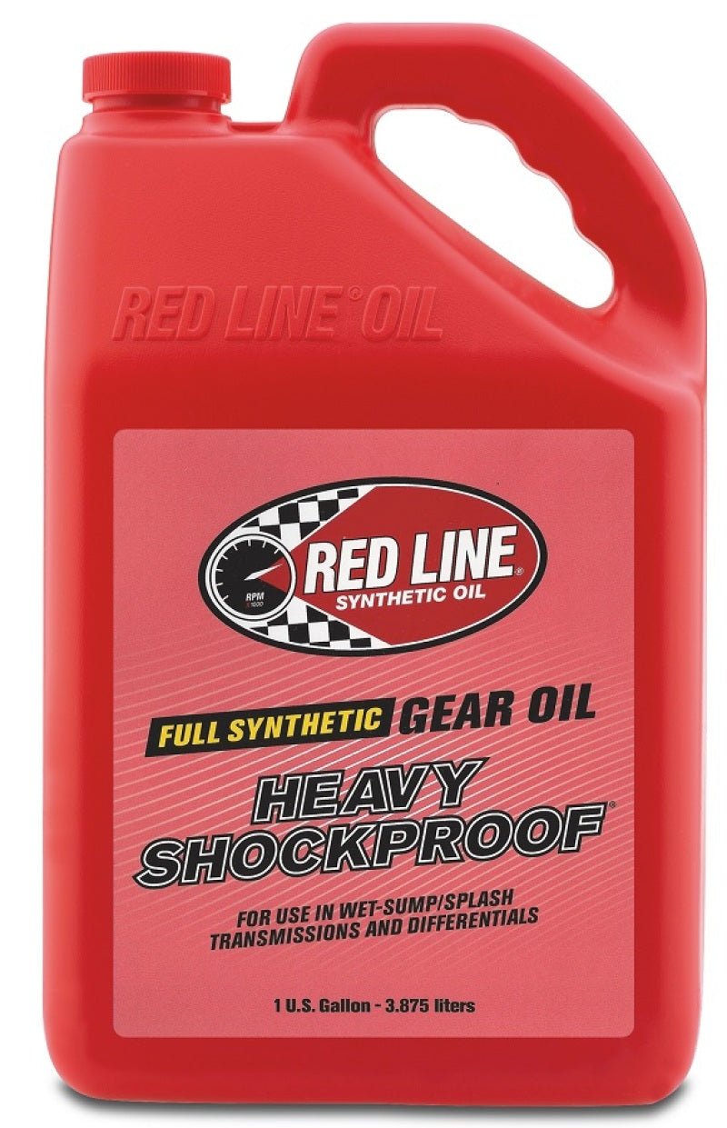 Red Line Heavy ShockProof Gear Oil gallon container, showcasing durable gear oil designed for heavy-duty machinery and high-performance use.