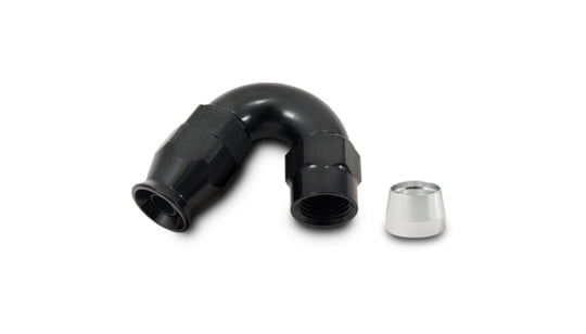 Vibrant -10AN 150 Degree Hose End Fitting for PTFE Lined Hose, black metal fitting with angled design and threaded ends.