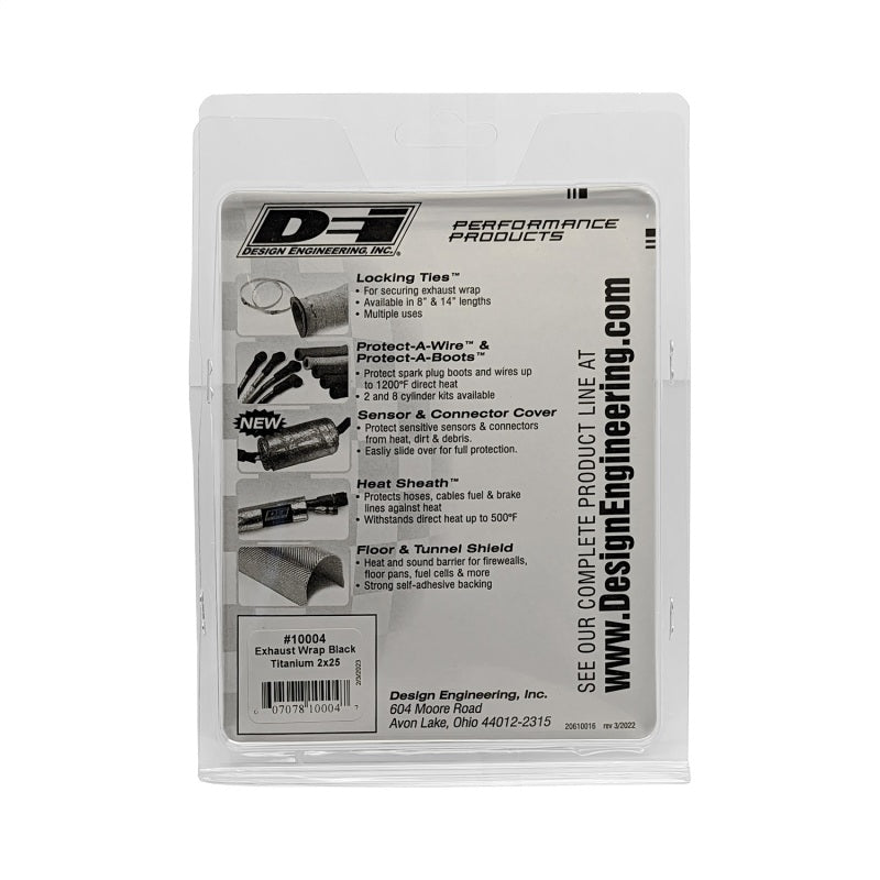 Black DEI Titanium Exhaust Wrap 2in x 25ft wrapped around automotive exhaust pipe for heat insulation and protection.
