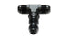Vibrant black anodized -8AN bulkhead adapter tee fitting showing sturdy metal construction with threaded ends for fluid connections.