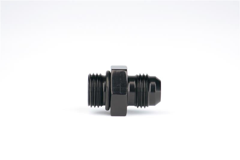 Aeromotive ORB-06 to AN-06 male flare adapter fitting for fuel and oil lines, showing the metal fitting and threading details.
