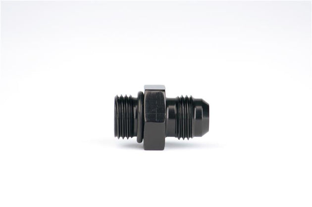 Aeromotive ORB-06 to AN-06 male flare adapter fitting for fuel and oil lines, showing the metal fitting and threading details.