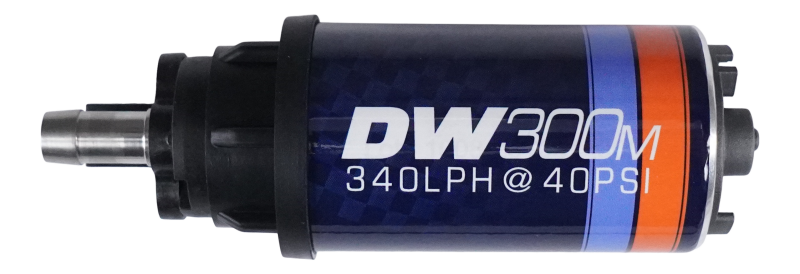 DeatschWerks DW300M series 340 LPH Ford in-tank fuel pump, with metal body and electrical connector for automotive fuel systems.