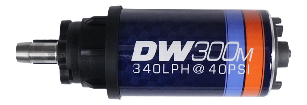 DeatschWerks DW300M series 340 LPH Ford in-tank fuel pump, with metal body and electrical connector for automotive fuel systems.