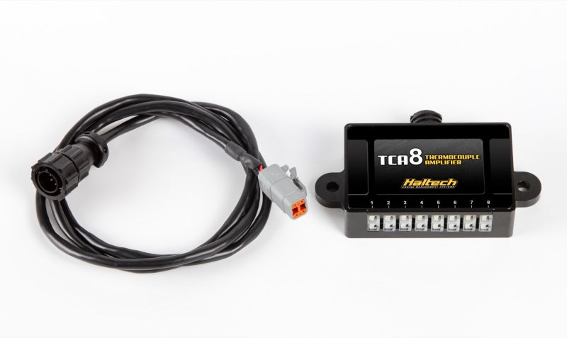 Haltech TCA8 eight-channel thermocouple amplifier for programmer accessories, showing device with multiple input ports and control panel.