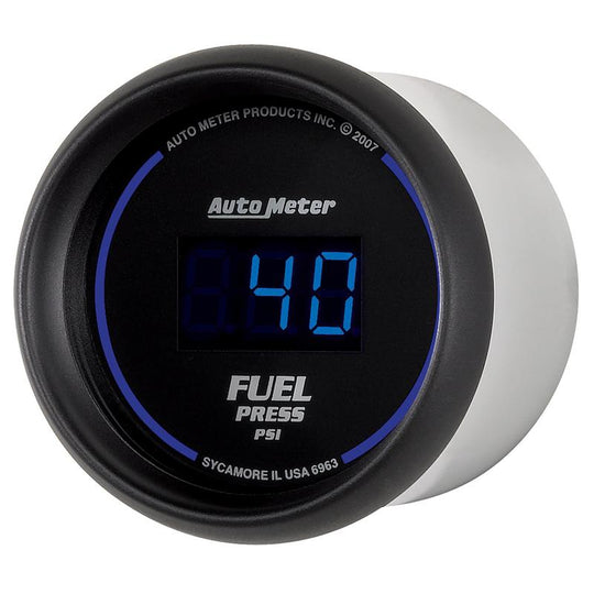 AutoMeter 52.4mm black digital fuel pressure gauge showing pressure readings from 1 to 100 PSI on a sleek display.