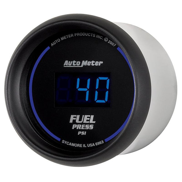AutoMeter 52.4mm black digital fuel pressure gauge showing pressure readings from 1 to 100 PSI on a sleek display.