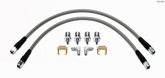 Wilwood front brake line kit for 1965-1969 Ford Mustang, flexible brake lines with fittings for improved braking performance.