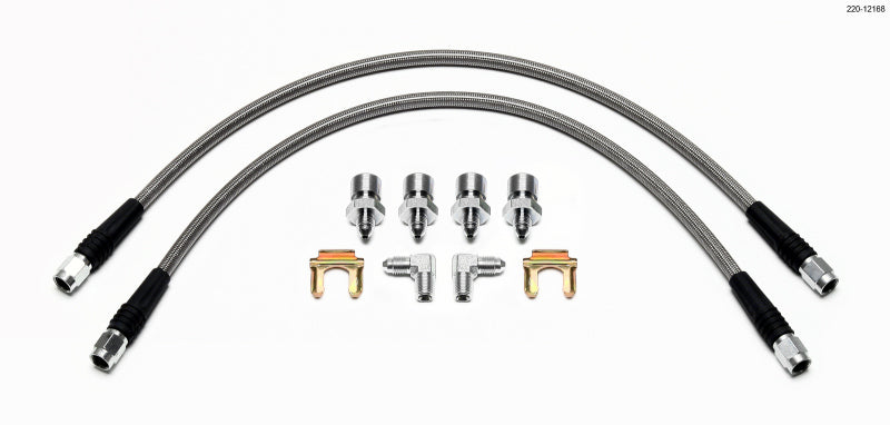 Wilwood front brake line kit for 1965-1969 Ford Mustang, flexible brake lines with fittings for improved braking performance.