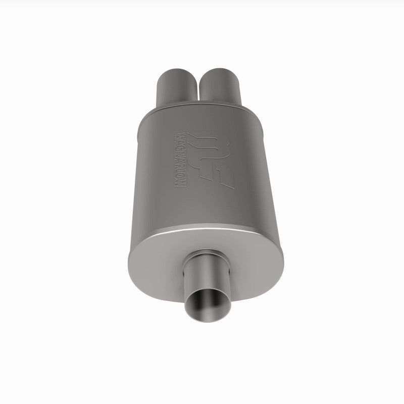 MagnaFlow stainless steel muffler with tip, 14x5x8 inches, featuring dual inlet and outlet pipes for vehicle exhaust systems.