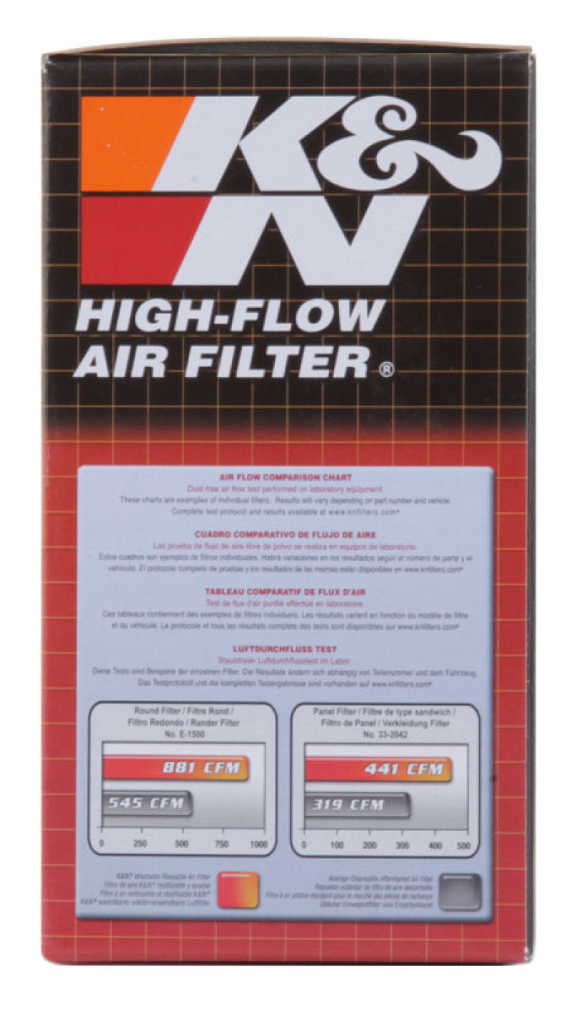K&N Engineering round drop-in air filter with 5-7/8 inch outer diameter and 4-7/8 inch inner diameter, new and clean.