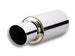 Vibrant TPV Turbo round muffler with 17-inch length, 4-inch angle cut tip, 3-inch inlet diameter, showcasing polished stainless steel finish