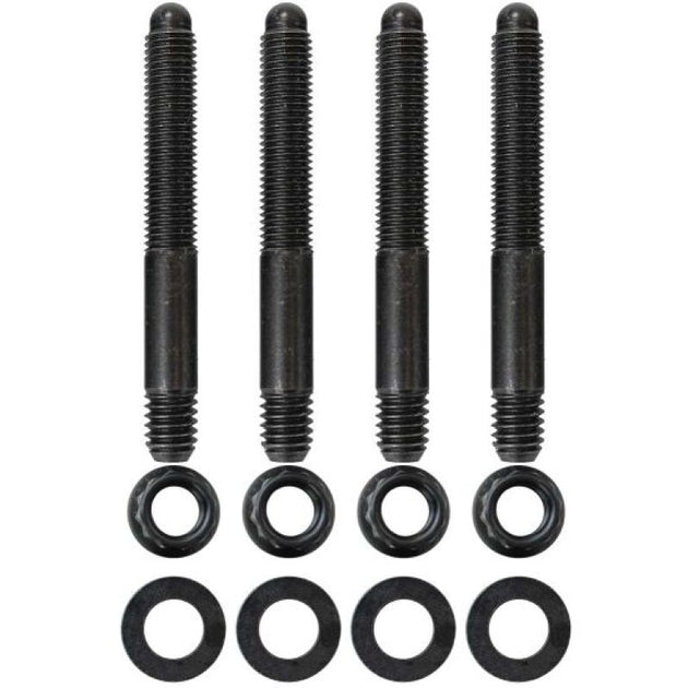 Moroso carburetor stud kit with 5/16 inch-24 x 2.5 inch 12-point nuts, durable fittings for engine carburetor installation.