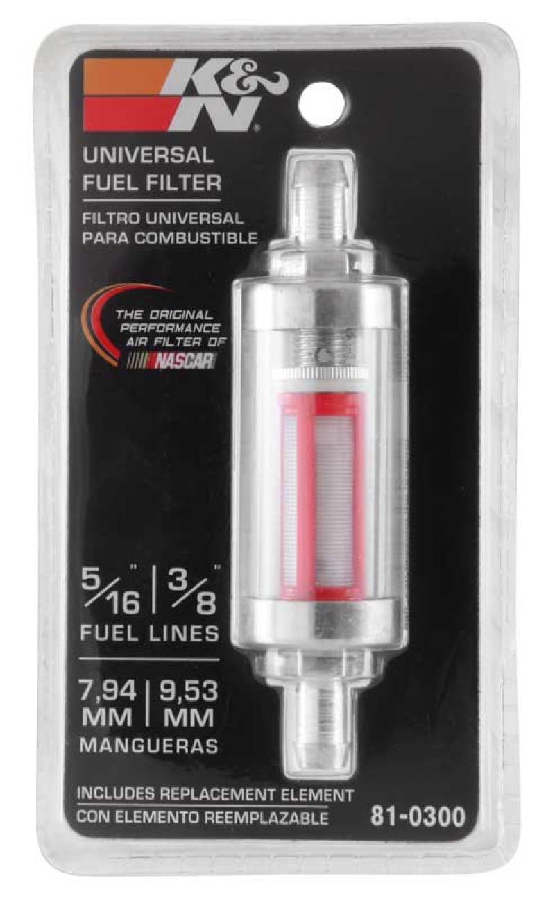K&N 5/16in x 3/8in universal replacement inline fuel filter installed in a vehicle's fuel line.