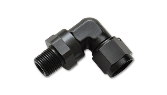 Vibrant -10AN to 3/8in NPT female swivel 90-degree adapter fitting, showing the compact metal fitting with threaded connections.