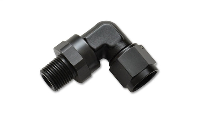 Vibrant -10AN to 3/8in NPT female swivel 90-degree adapter fitting, showing the compact metal fitting with threaded connections.