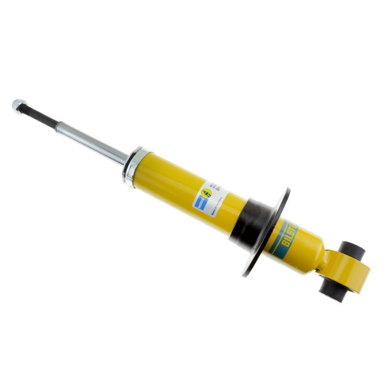 Bilstein B6 Series HD 46mm monotube shock absorber with yellow finish, showing lower eye mount and upper stem for shocks and struts.