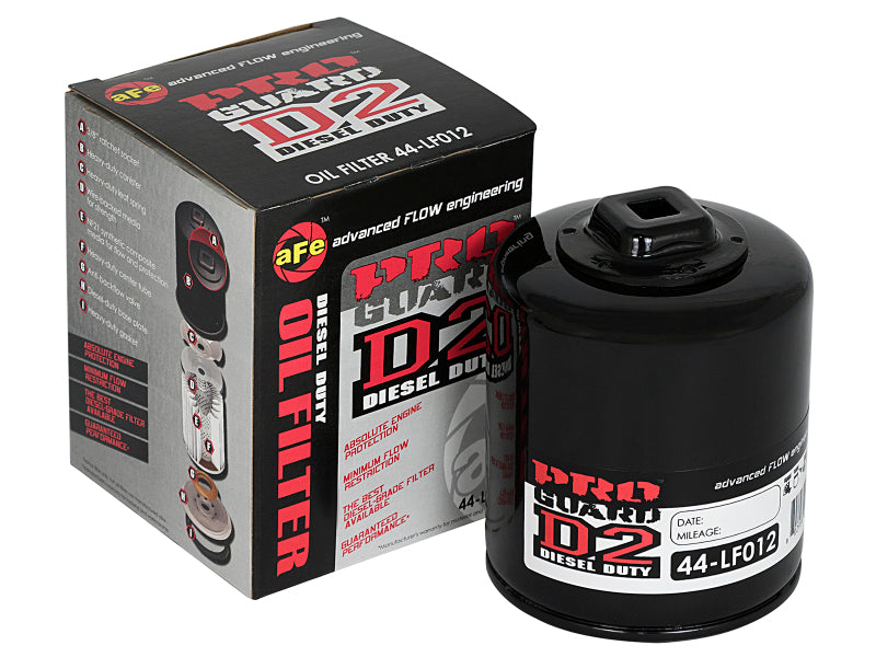 aFe Pro GUARD D2 oil filters for GM trucks V8 4.8L to 6.2L engines, shown in a 4-pack, with black filter cans and branding.