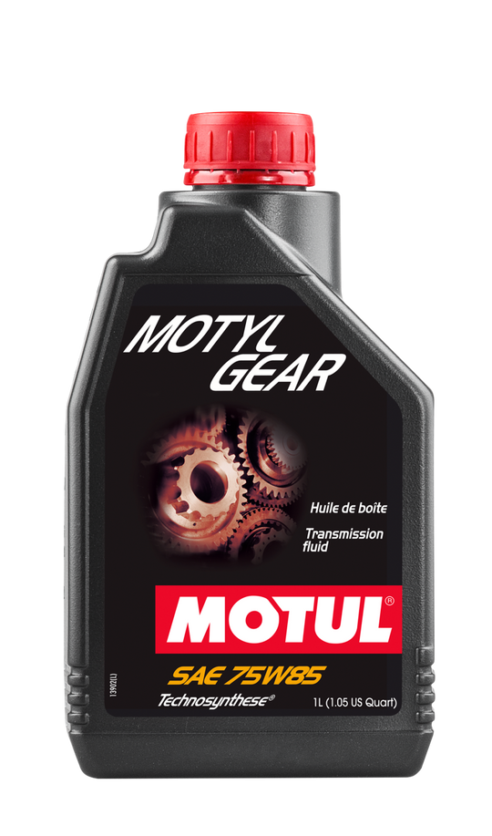 Motorcycle transmission gear oil container, Motul 1L Motylgear 75W85 API GL-4/-5, with label and product details visible.