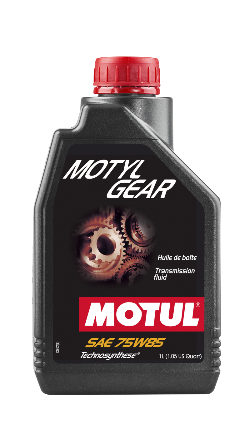 Motul 1L Motylgear 75W85 gear oil bottle, API GL-4/-5, suitable for transmission and gear systems, with a black and orange label