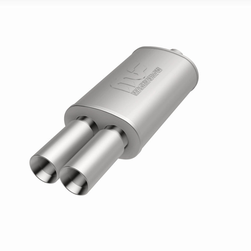 MagnaFlow muffler with polished tip, stainless steel construction, 14x5x8 inches, 2.25/3 inch inlet and outlet pipes.