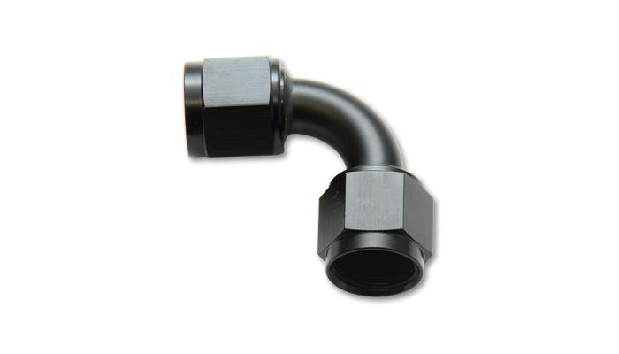 Vibrant black -4AN female 90-degree union adapter fitting with anodized finish, designed for high-performance fluid connections.