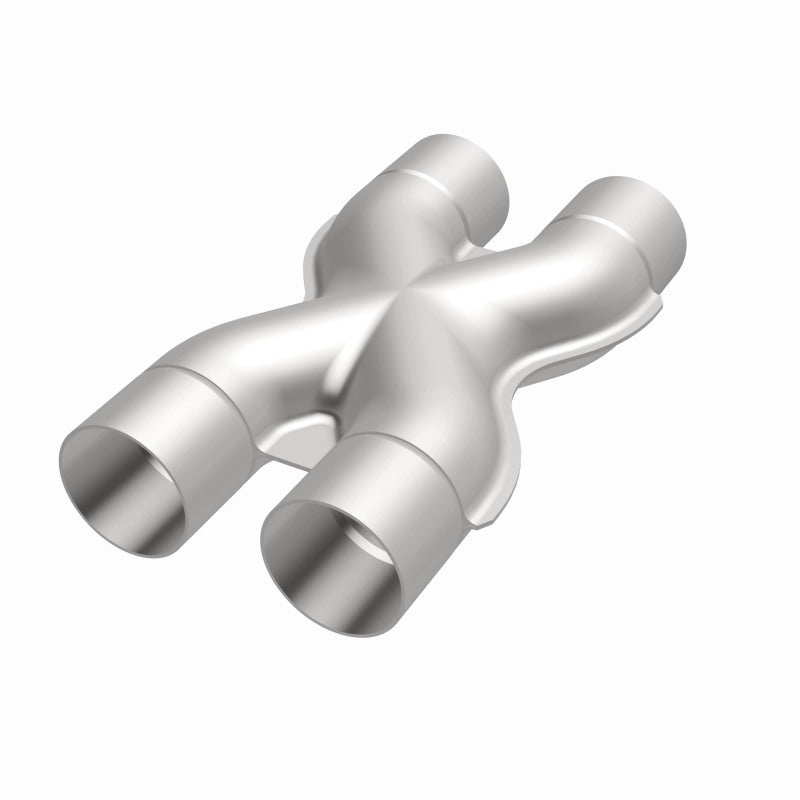 MagnaFlow Smooth Trans X 2.5-inch stainless steel X pipe for exhaust systems, showing the polished metal surface and welds.