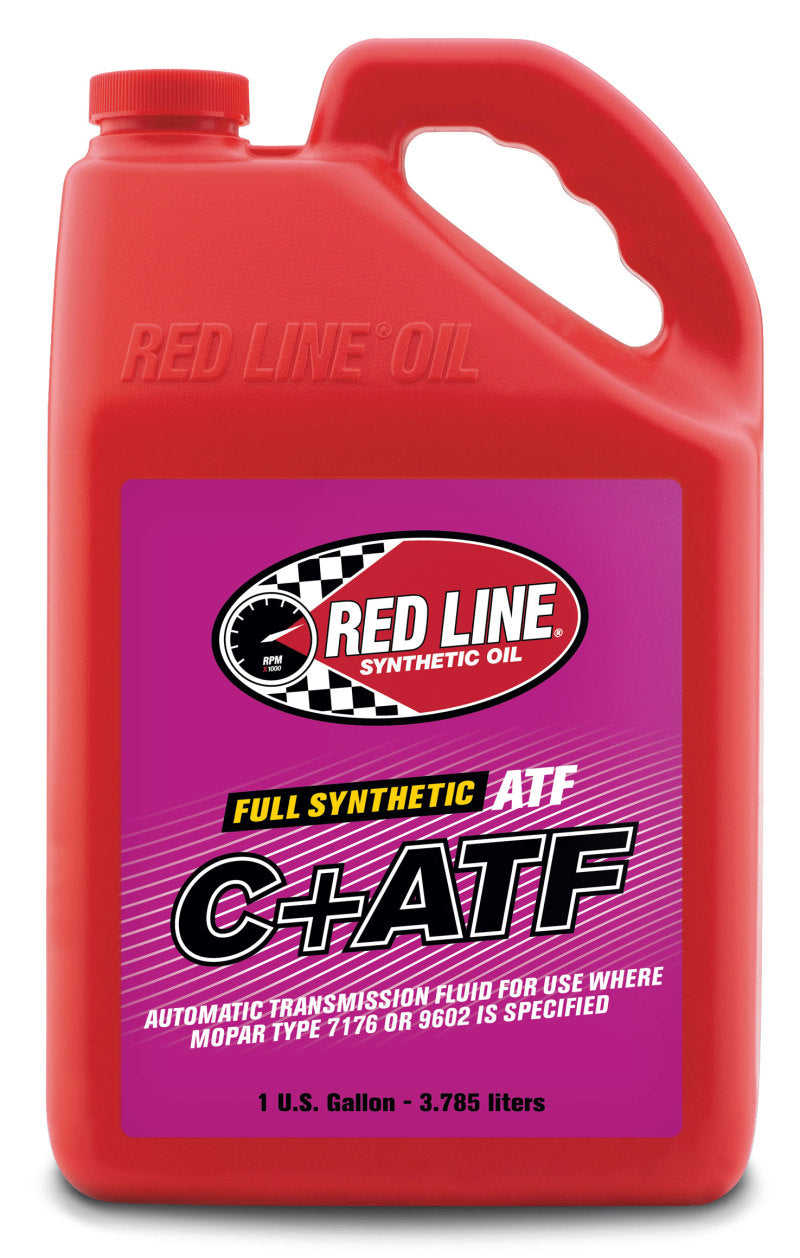 Red Line C+ATF gear oil gallon container with red and white labeling, used for automatic transmissions and gear lubrication.