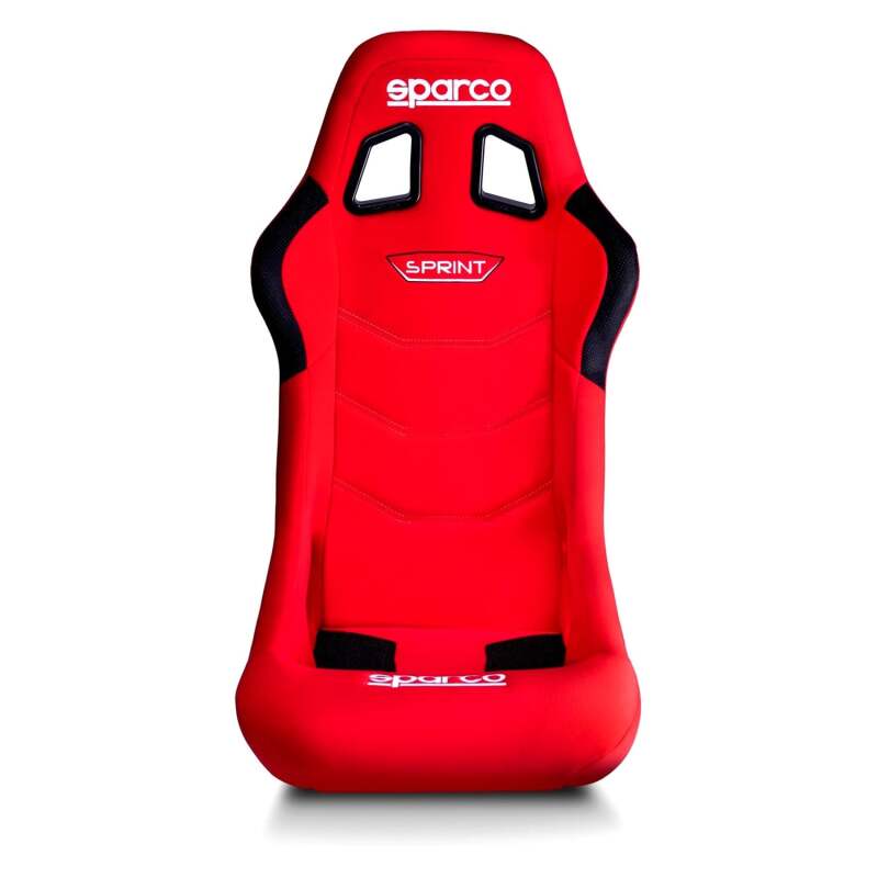 Red Sparco Sprint race seat with racing harness and side bolsters, designed for high-performance motorsport seating.