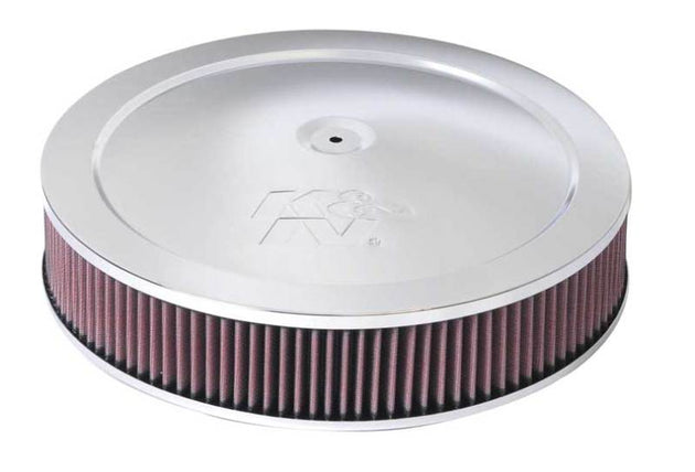 K&N Engineering 14-inch red custom air cleaner assembly with drop base, direct fit air filter for automotive engines.