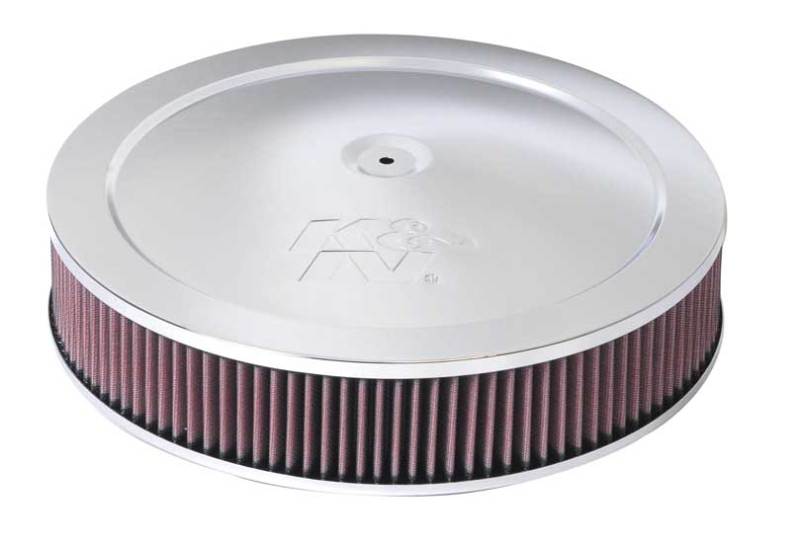 K&N Engineering 14-inch red custom air cleaner assembly with 5.125-inch ID and 14-inch OD for vehicle air filtration.