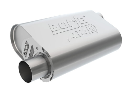 Borla CrateMuffler LS3 ATAK 2.5-inch offset muffler with chrome finish, showing its compact 14x4.35x9-inch design and dual inlet outlets.
