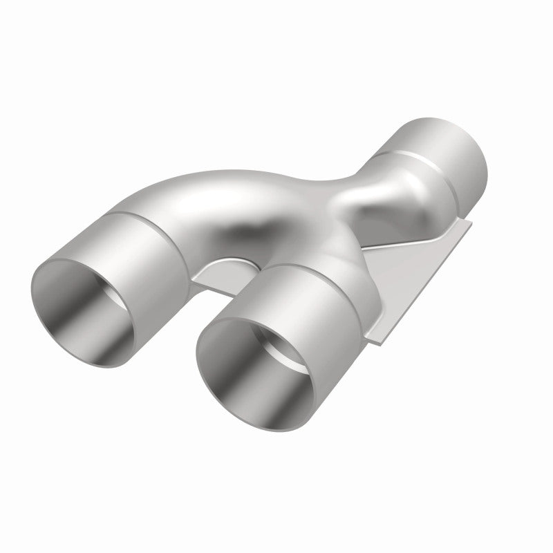 MagnaFlow Smooth Trans Y pipe, 2.50-inch stainless steel, 90-degree Y pipe for exhaust systems, showcasing polished metal and precise welds.