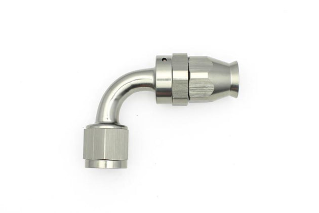 DeatschWerks 8AN female swivel 90-degree hose end fitting with PTFE and olive insert, used for fuel and fluid connections.