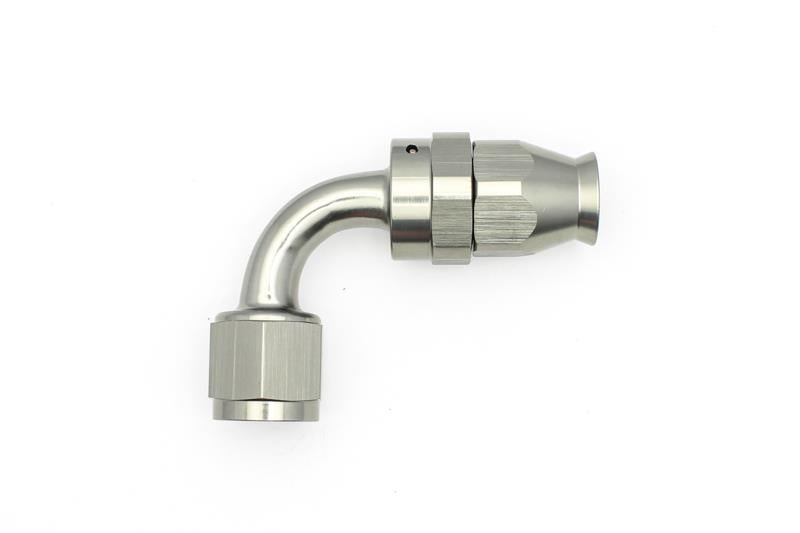 DeatschWerks 8AN female swivel 90-degree hose end fitting with PTFE and olive insert, used for fuel and fluid connections.