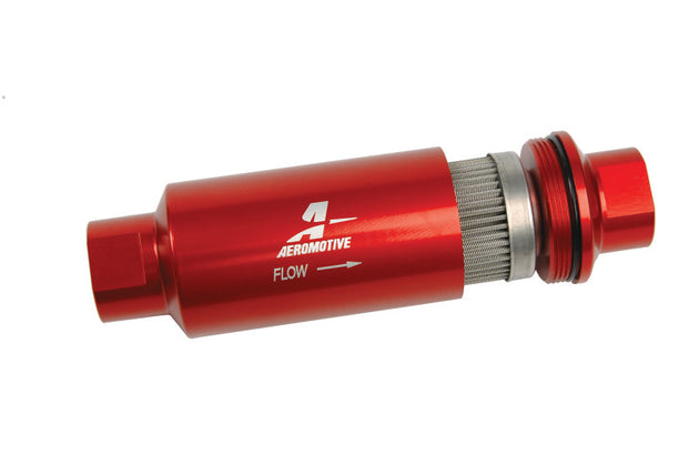 Aeromotive In-Line Fuel Filter with AN-10 fitting and 100 micron stainless steel element for clean fuel filtration.