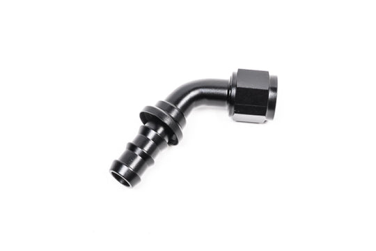 Radium Engineering Pushlok Hose End 10AN 60-degree fitting showing black aluminum finish and secure hose connection