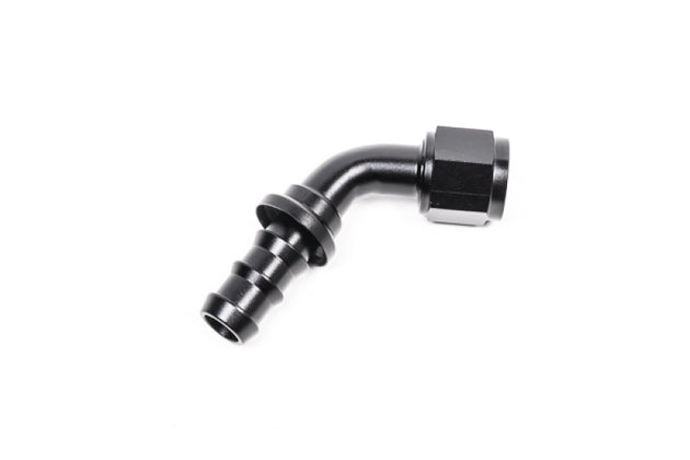 Radium Engineering Pushlok Hose End 10AN 60-degree fitting showing black aluminum finish and secure hose connection