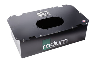 Radium Engineering R10A 10-gallon fuel cell can with metal construction and fuel fittings, designed for automotive fuel storage.