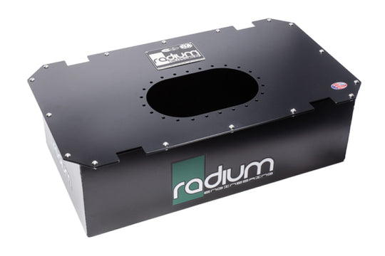 Radium Engineering R10A 10-gallon fuel cell can with metal construction and fuel fittings, designed for automotive fuel storage.