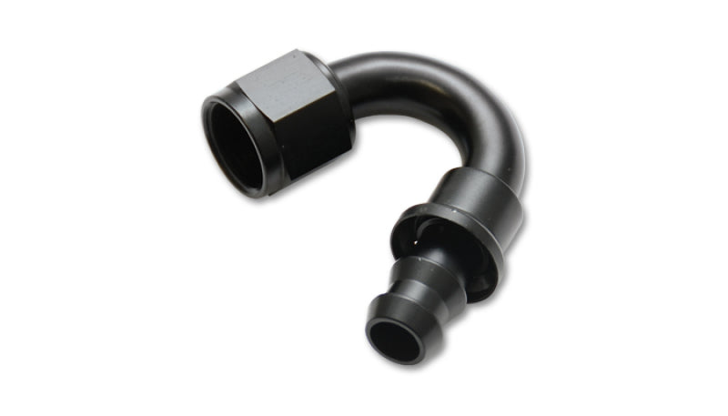 Vibrant -4AN push-on 150 degree hose end fitting for high-performance automotive hoses, black finish, detailed view.