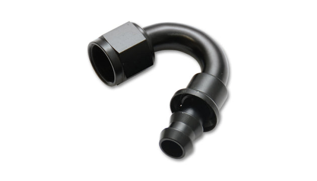 Vibrant -10AN push-on 150-degree hose end fitting shown in black with metal clamp for high-performance fluid connections.