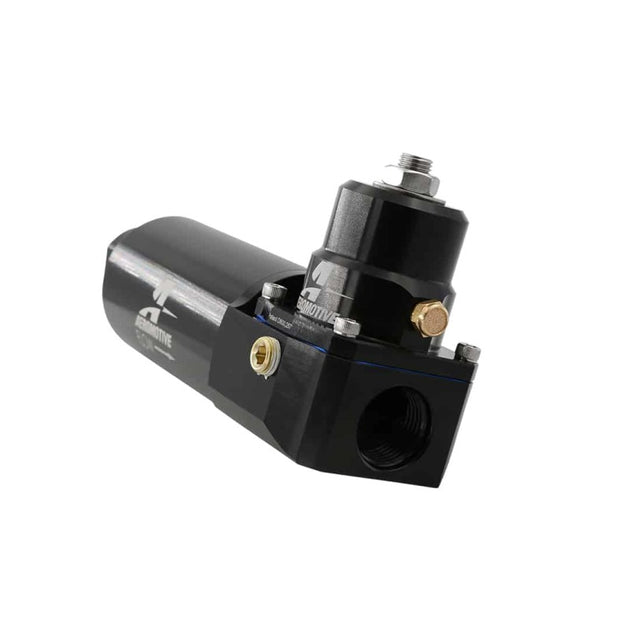 Aeromotive fuel pressure regulator and filter combo for EFI systems, adjustable from 40 to 75 PSI, suitable for A1000 or smaller.