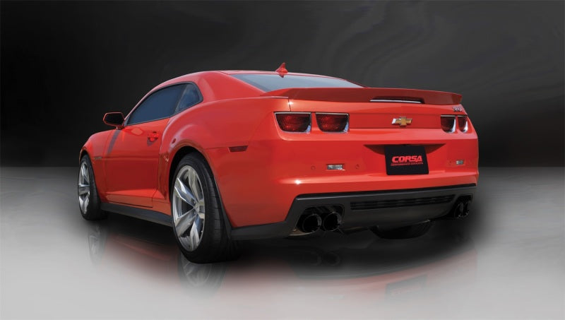 Black Corsa Performance catback exhaust system with dual pipes on a Chevrolet Camaro ZL1 2012-2015 coupe, showcasing the V8 engine.