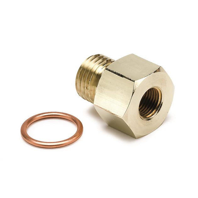 AutoMeter oil pressure fitting with 1/8 NPT to M14x1.5 connector, metal construction for automotive gauge installation.