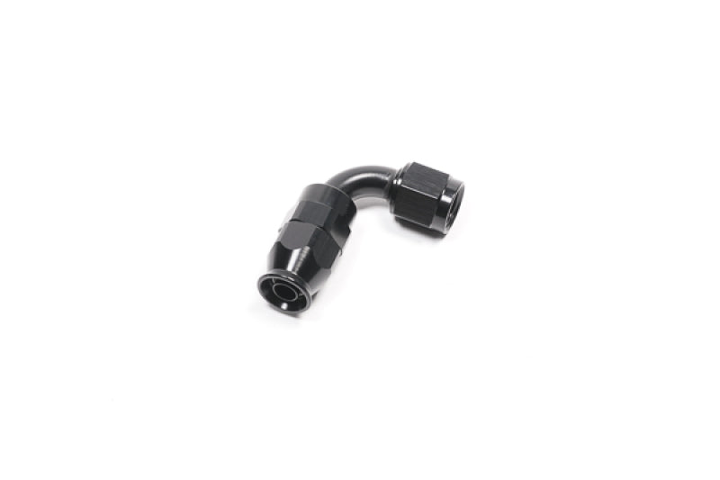 Radium Engineering -6AN black PTFE hose end fitting with 90-degree angle, durable and precise for high-performance automotive applications.
