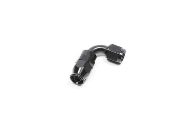 Radium Engineering -6AN black PTFE hose end fitting with 90-degree angle, durable and precise for high-performance automotive applications.