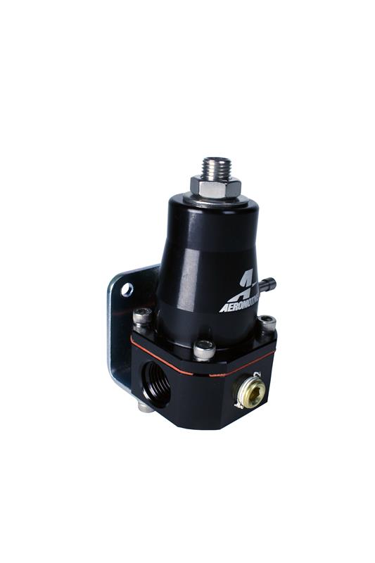 Aeromotive billet black fuel pressure regulator with dual -6 inlets and -6 return fitting for EFI bypass systems.