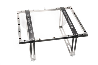 Radium Engineering 22-gallon fuel cell weld-in cage for fuel tanks, shown with mounting brackets and secure construction.